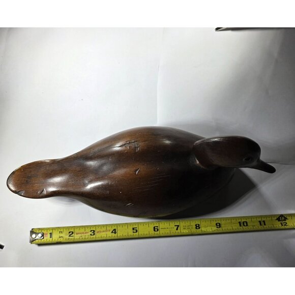 Hand-Carved Wooden Duck Figurine Signed HM 12" Vtg Rustic Decor Sculpture - Picture 6 of 6